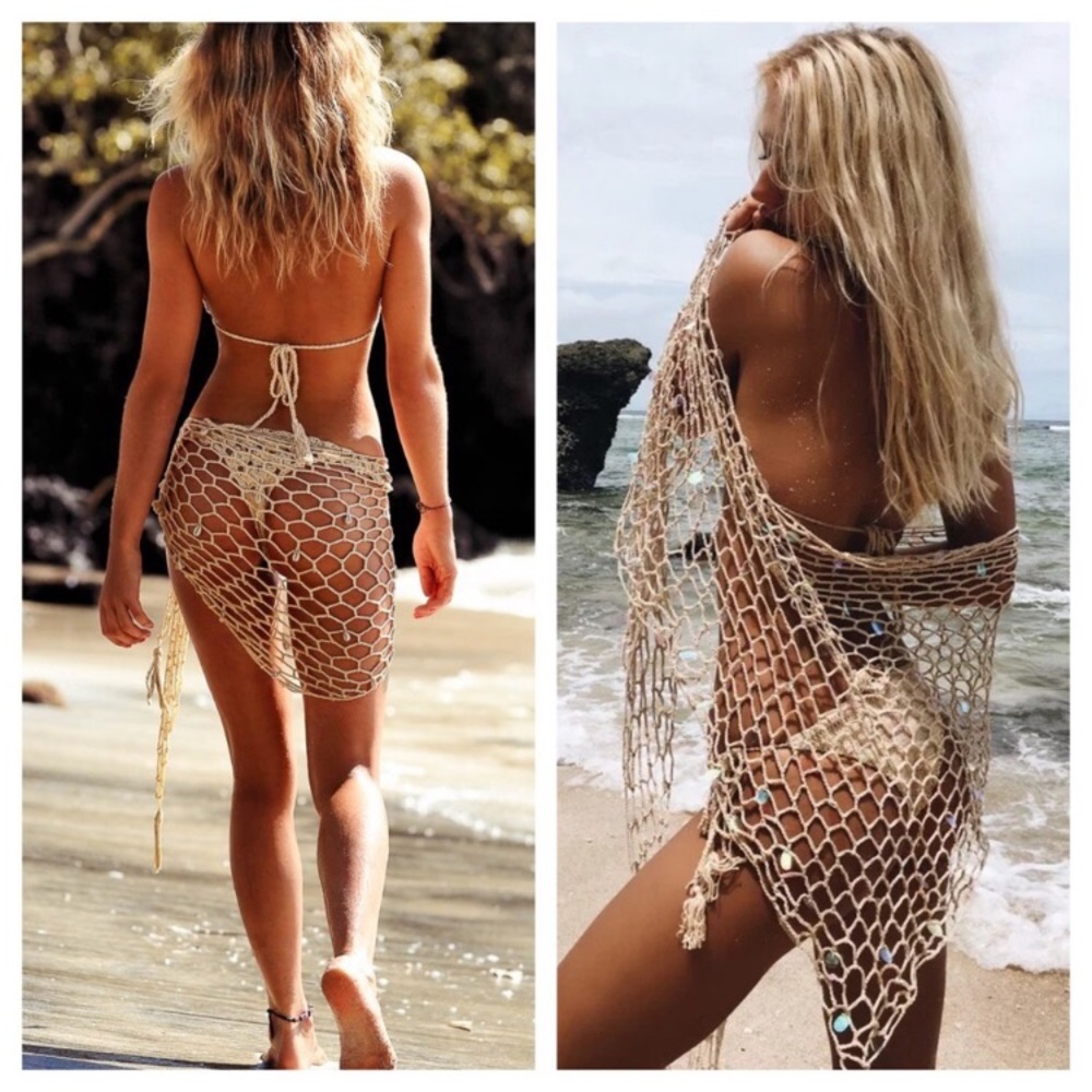 New! Crochet Mesh Triangle Sarong with Shells - Picture 8 of 12